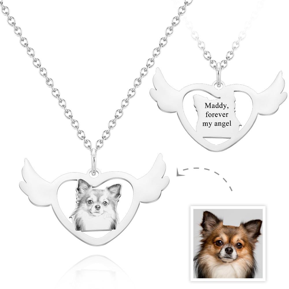 Custom Photo Engraved Necklace Angel Heart Shaped Wings Necklace Gift for Pet Lovers