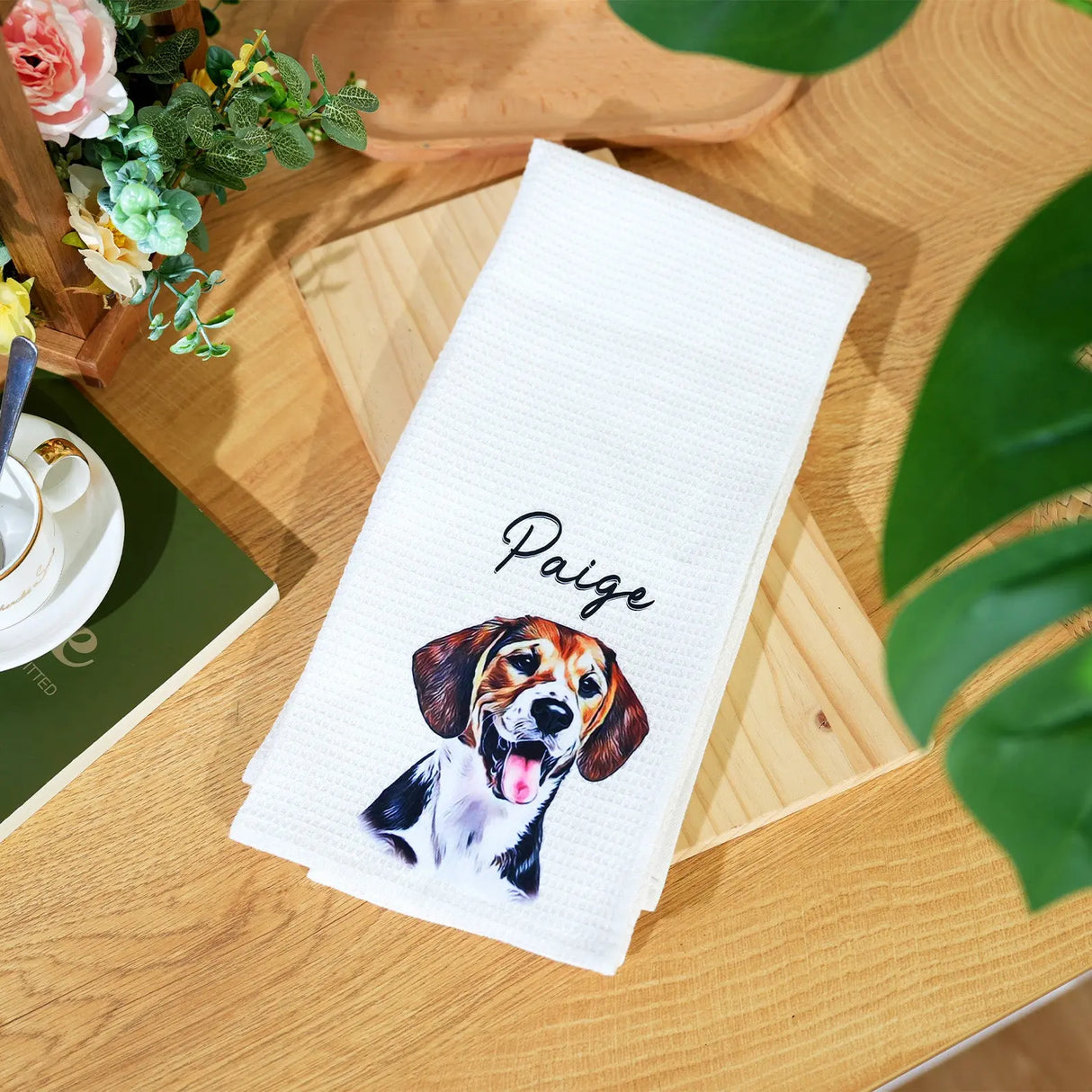 Personalized Oil Painting Style Pet Portrait Photo Cotton Waffle Tea Towel Birthday Anniversary Gift for Pet lover