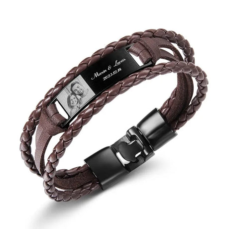 Custom Photo Men's Bracelet PU Leather Engraved Name and Date Men's Bracelet Best Valentine's Day Gift for Him