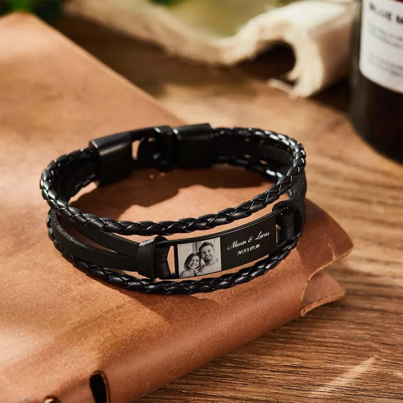 Custom Photo Men's Bracelet PU Leather Engraved Name and Date Men's Bracelet Best Valentine's Day Gift for Him